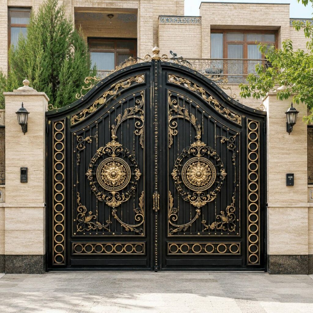 تولید درب پارکینگ مشکی طلایی با جزئیات سفارشی
