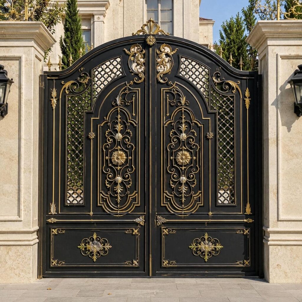 سفارش درب حیاط مشکی طلایی متناسب با نمای ورودی