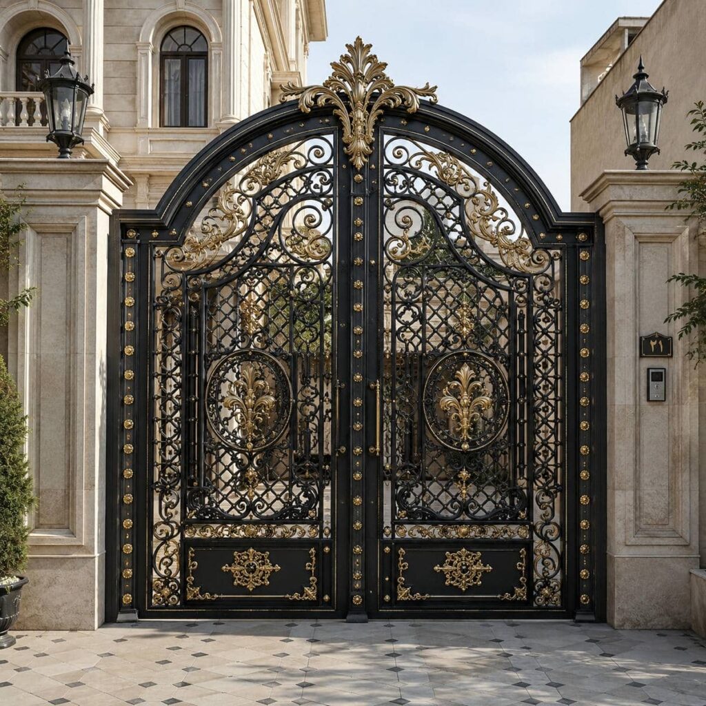 درب پارکینگ مشکی طلایی هندسی با طراحی منظم