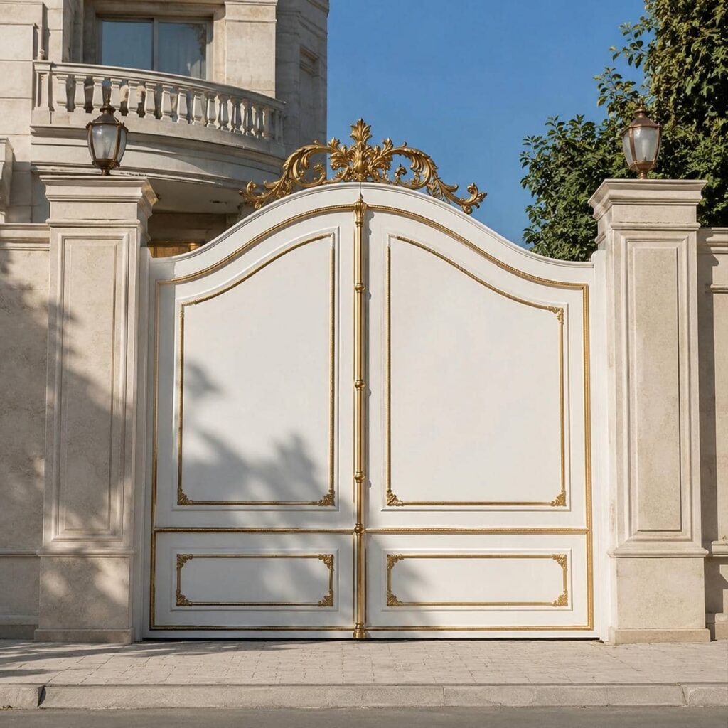 اجرای درب ویلایی سفید طلایی با جزئیات طلایی متعادل